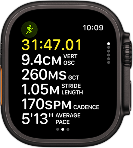 Running form metrics providing the person's pace and distance