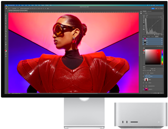 A vibrant photo being edited using a Mac Studio and Studio Display