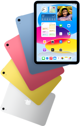 Front view iPad shows home screen, behind are four back facing iPad models in blue, pink, yellow, and silver