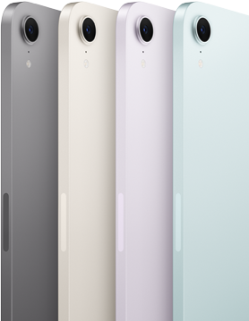 The back view and camera of four iPad mini models are shown in its available colors: Space Gray, Starlight, Purple, and Blue