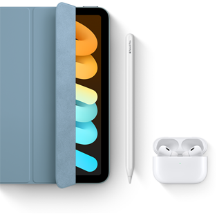 iPad mini is shown in use with Smart Folio, Apple Pencil Pro and AirPods Pro